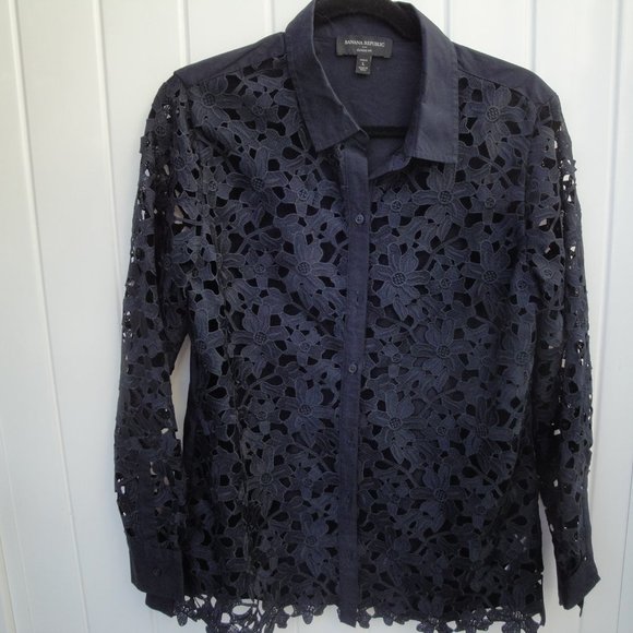 Banana Republic Blouse Lace Long Sleeve Preppy Classic Cotton Petite Large - Picture 3 of 6
